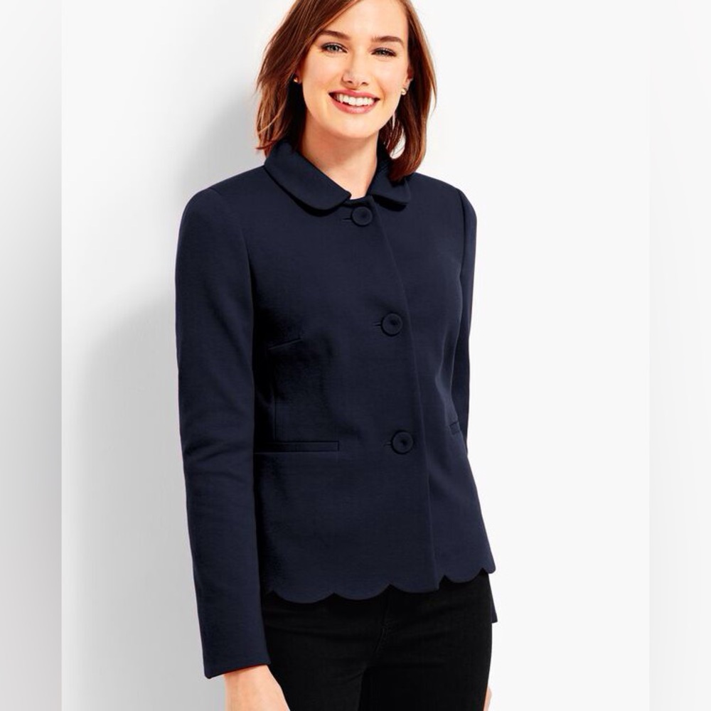 NWT Talbots‎ Navy Blue Scalloped Hem Scallop Ponte Knit Jacket 14 $149 Travel